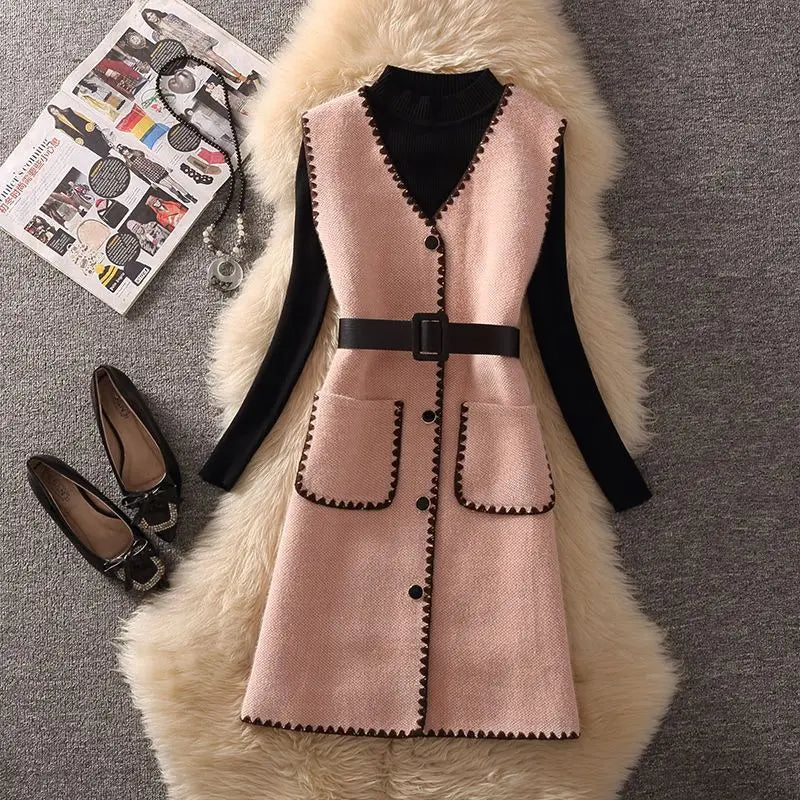 Street-Wave Knit Sweater Dress For Women Belted Blue Layered Pullover Cozy Everyday Fashion