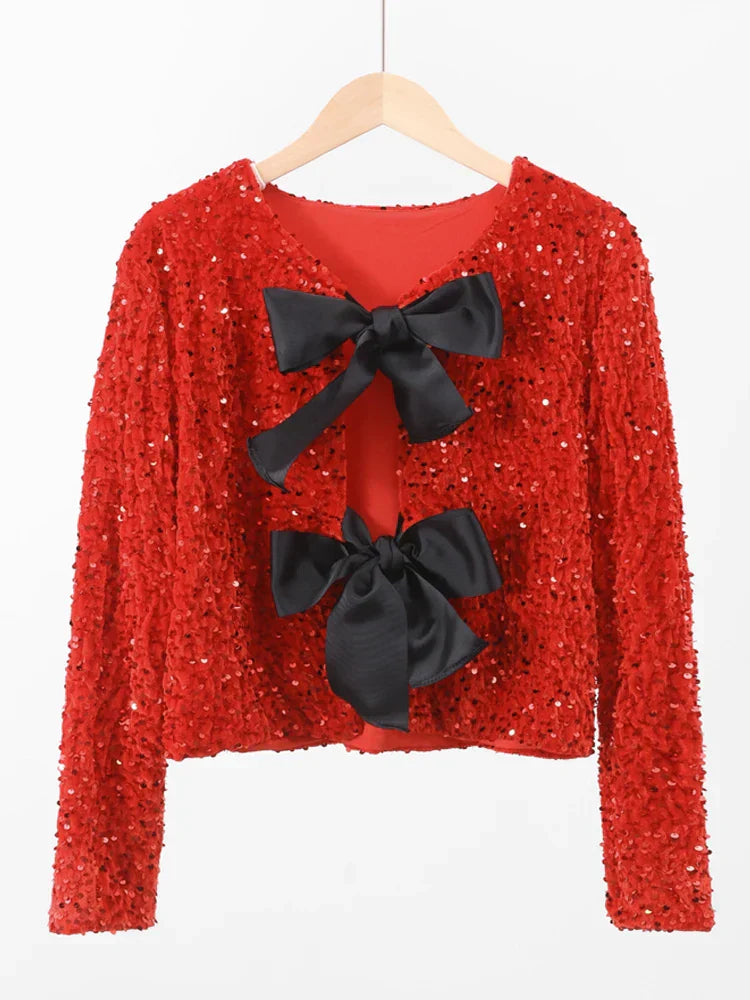 Street-Wave Cropped Sequin Jacket For Women Warm Lined FigureFlattering Chic Partywear