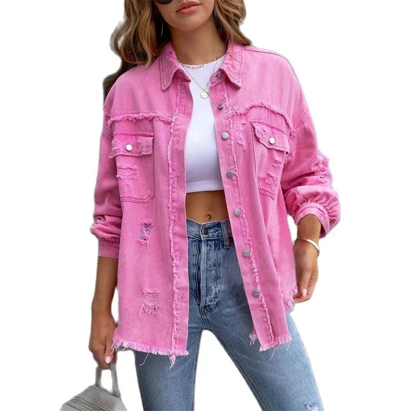 Street-Wave Zip Front Purple Denim Shirt Jacket Women Chic