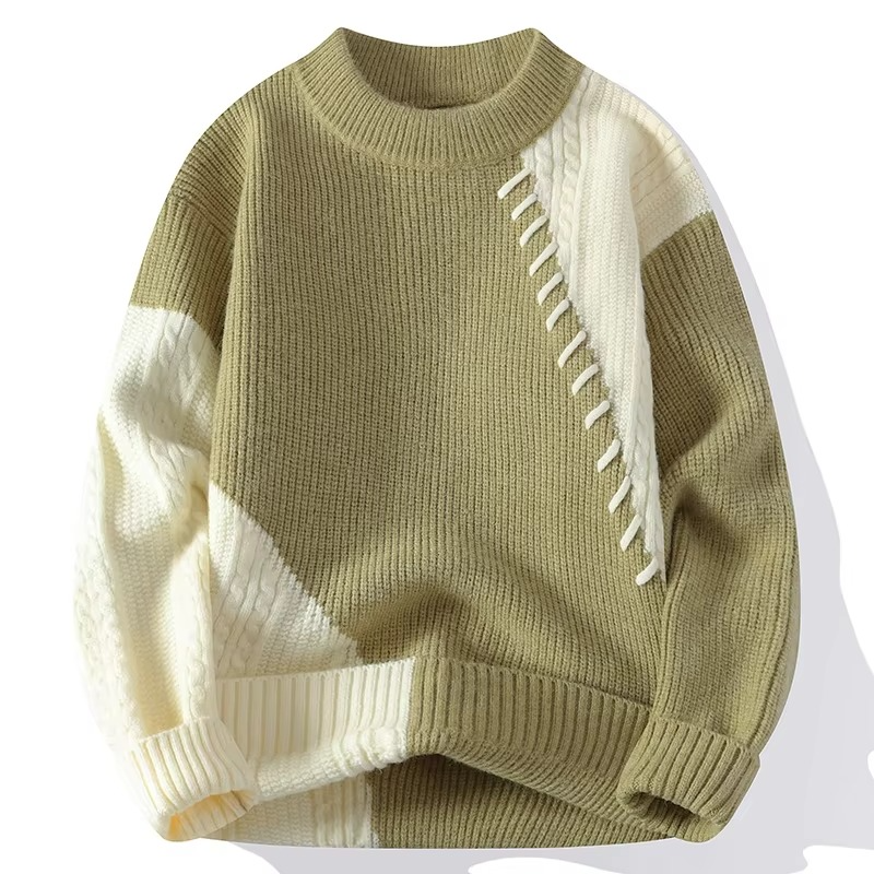 Men's Patchwork Knit Sweater Crew Neck Autumn Winter Casual Pullover Warm Cozy Style