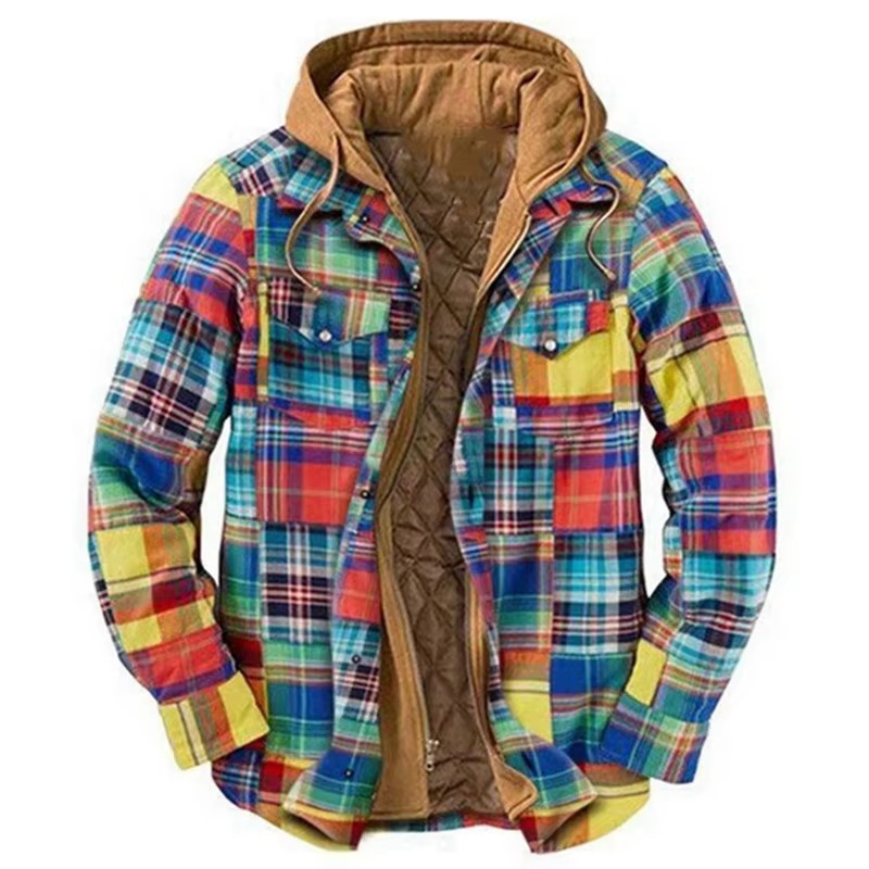 Street-Wave Mens Patchwork Checkered Cotton Hooded Jacket Thick Warm Casual Coat American Flag Design Sizes S To 5XL