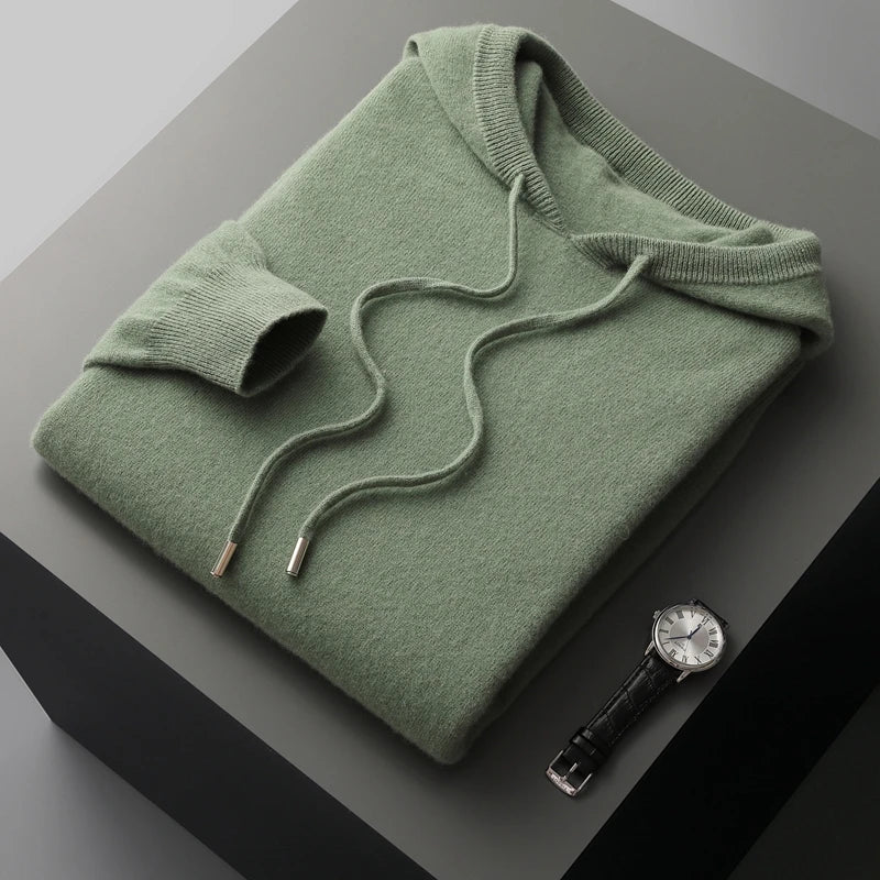 Men's 100 Percent Cashmere Hoodie With Classic Fit Soft Knitted Fabric And Ribbed Cuffs