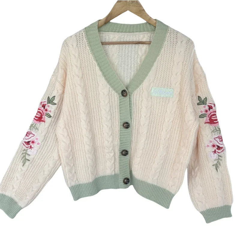 Street Wave Cable Knit Cardigan For Women Warm Cozy Classic Style With Dark Green Trim