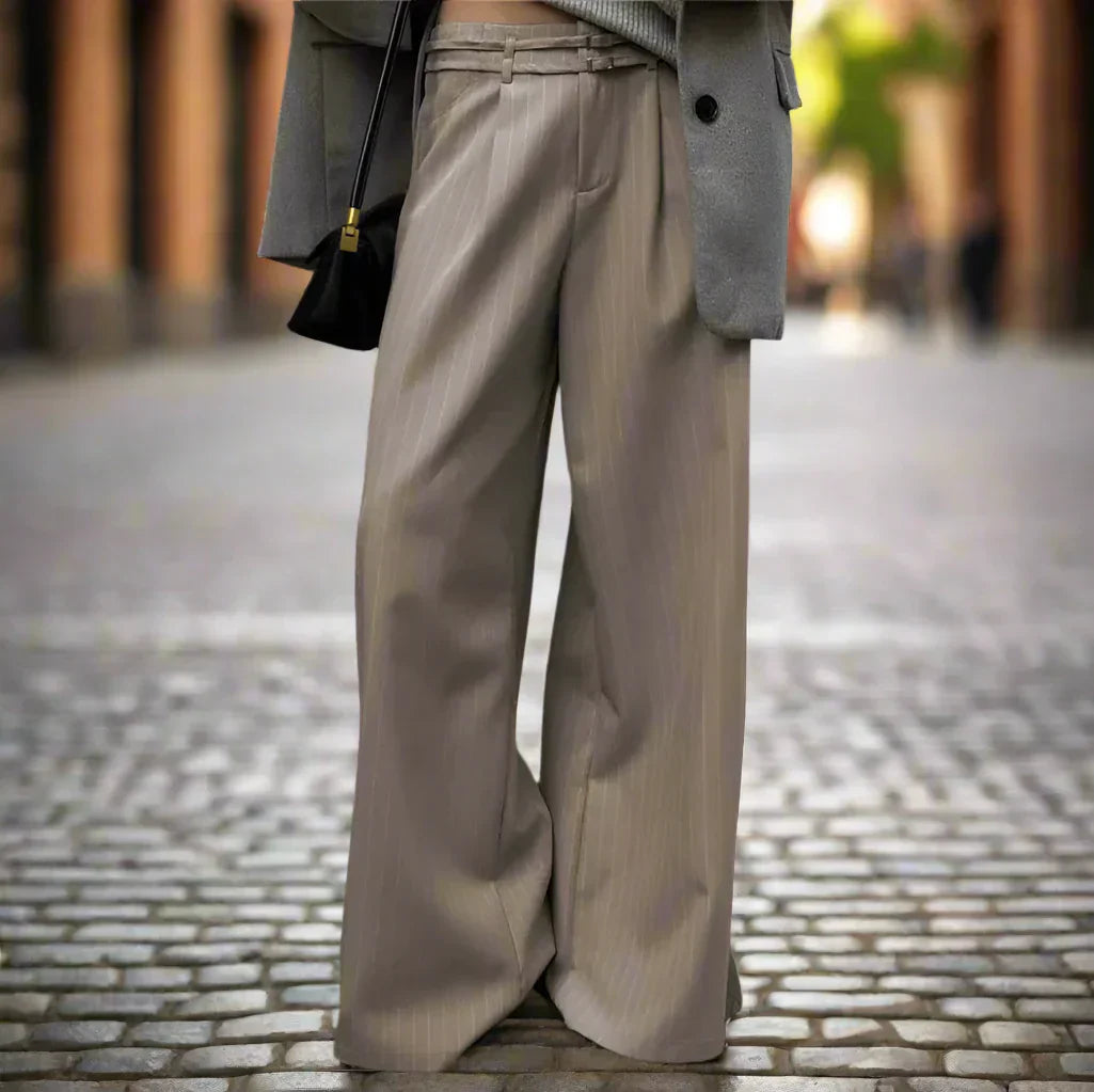 Women's Pants - High-Waisted Wide-Leg - Striped Pattern - Elegant and Comfortable