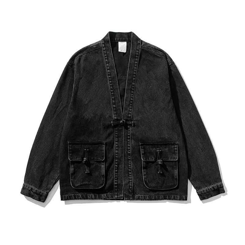 Street-Wave Mens Vintage Denim Kimono Jacket With Front Pockets Casual Chinese Style Button Jeans Coat Streetwear
