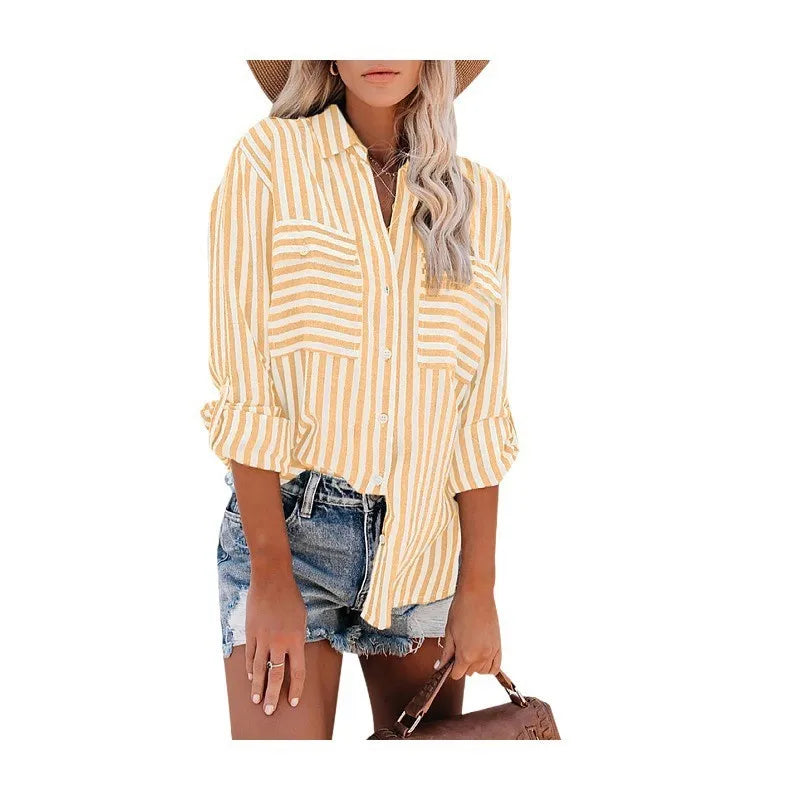 Street Wave Linen Stripe Button Front Blouse For Women Breathable Lightweight Summer Essential