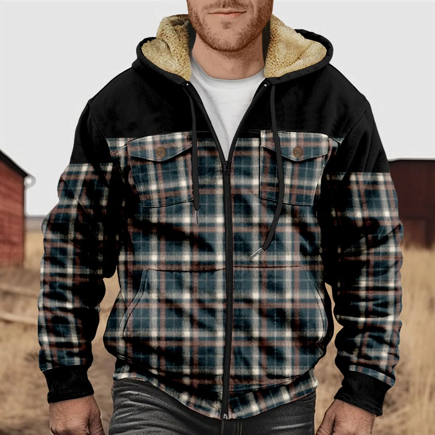 Street-Wave Men's Fleece-Lined Plaid Flannel Hooded Shirt With Zip Front For Cold Weather