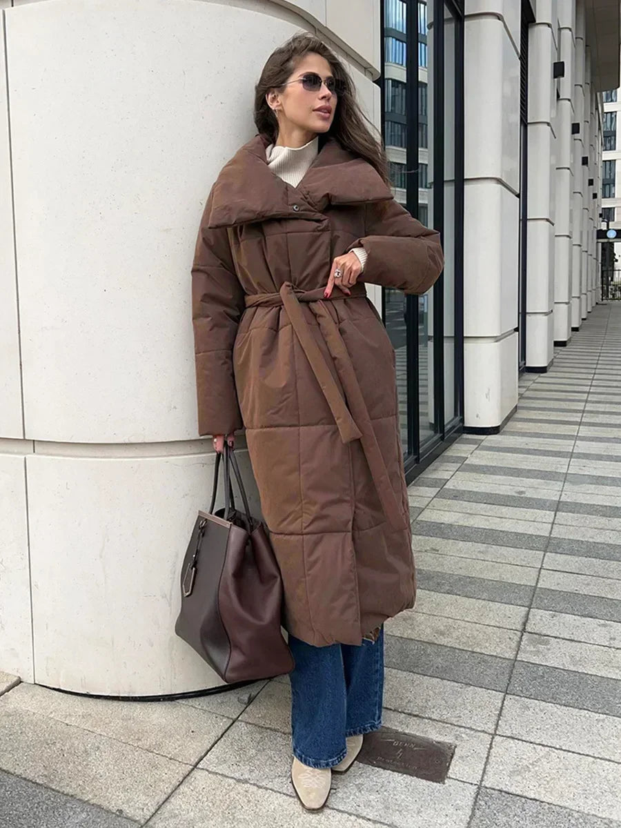 Street Wave Long Puffer Parka For Women With Belt Quilted Winter Coat Tailored Fit
