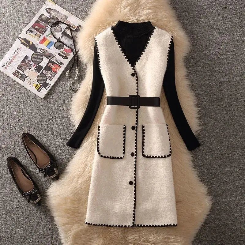 Street-Wave Knit Sweater Dress For Women Belted Blue Layered Pullover Cozy Everyday Fashion