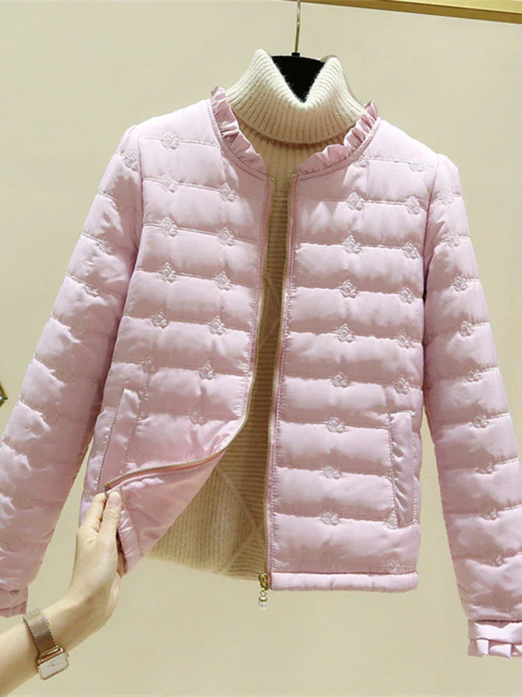 Street-Wave Lightweight Puffer Jacket With Ruffle Hem For Women Casual Chic Outerwear