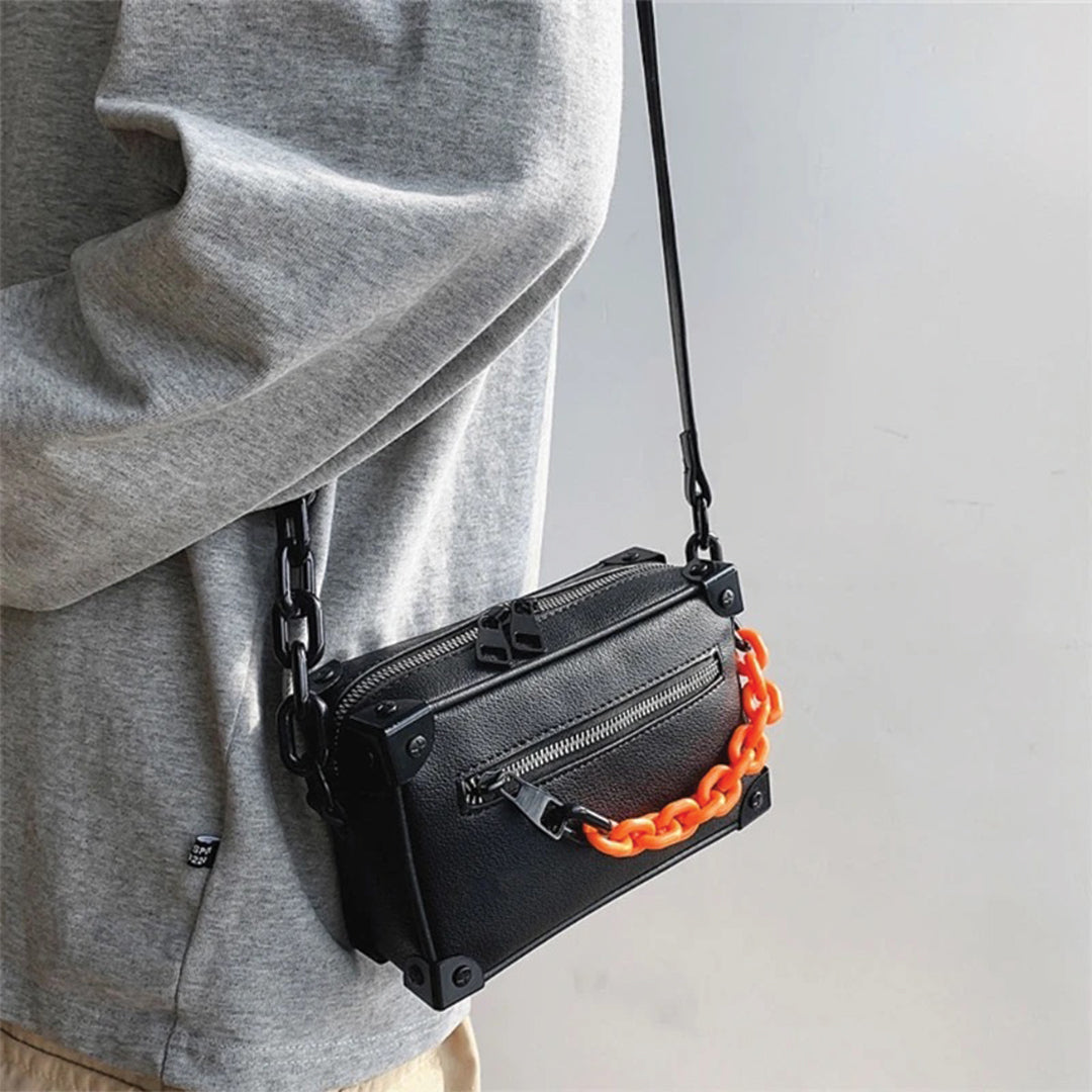 Street-Wave Black Crossbody Satchel - Detachable Chain Attachment And Envelope Closure