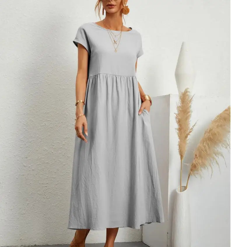 Street Wave Women's Midi Dress With Comfortable Structured Bust Detail Airy Cotton Linen Blend For Everyday Summer Look