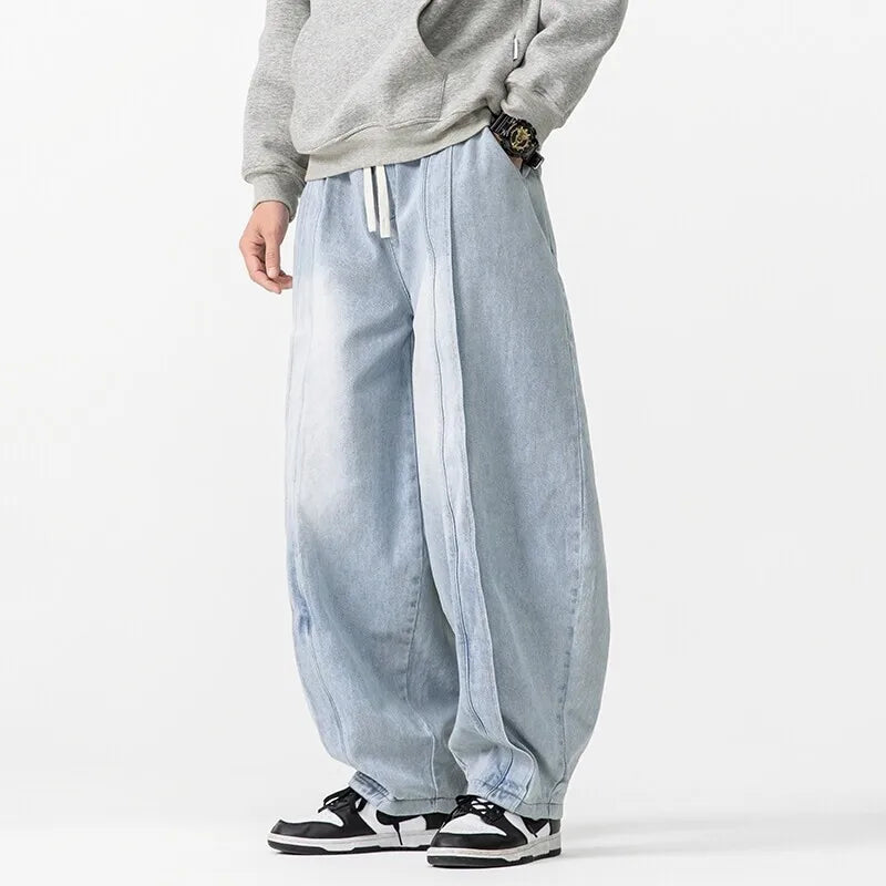 Street-Wave Japanese Oversized Jeans - Dramatic 90s Baggy Fit With Pleated Front Seams And Adjustable Drawstring Waist