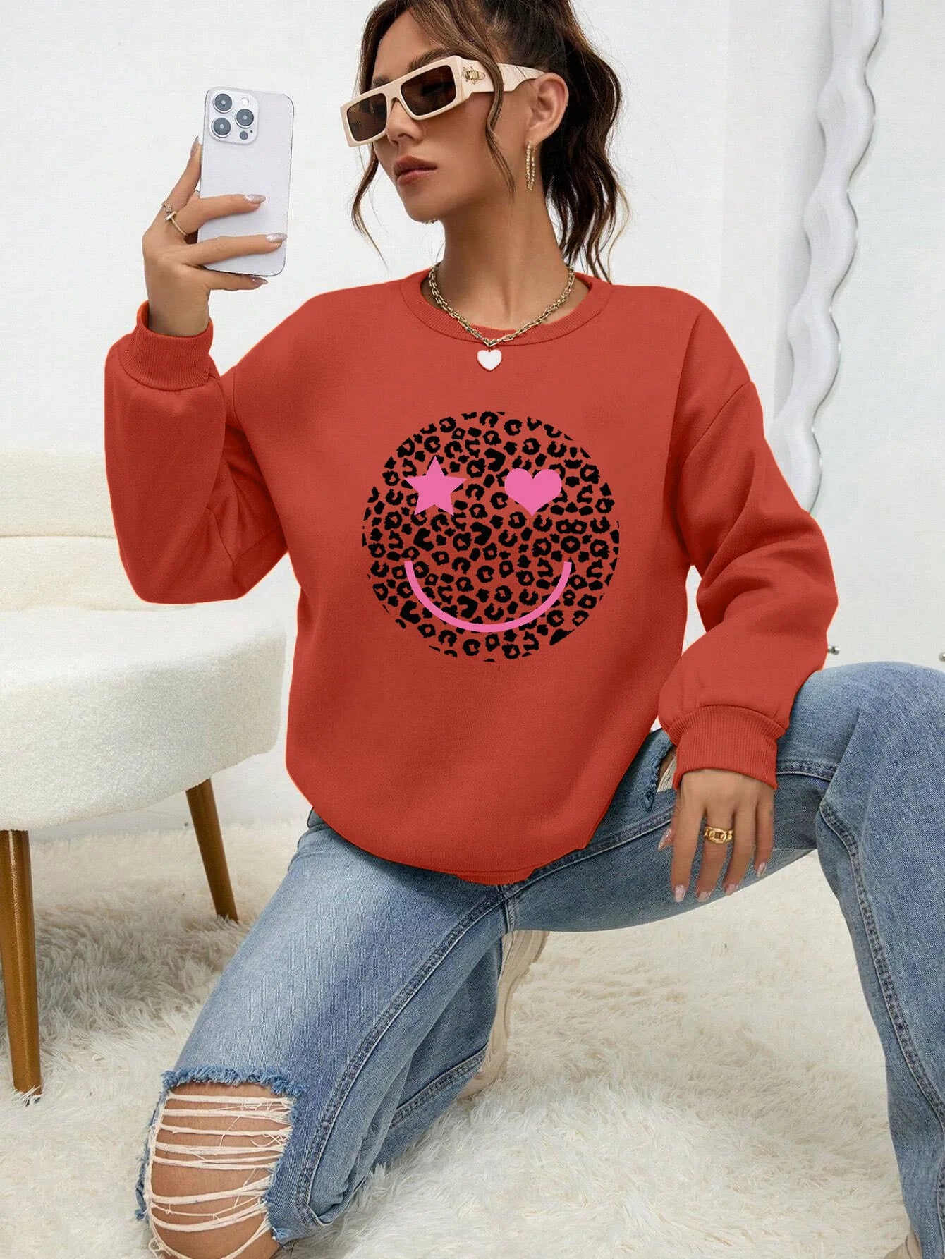 Street-wave Leopard Print Sweatshirt For Women Cotton Blend Comfortable Trendy Everyday Wear