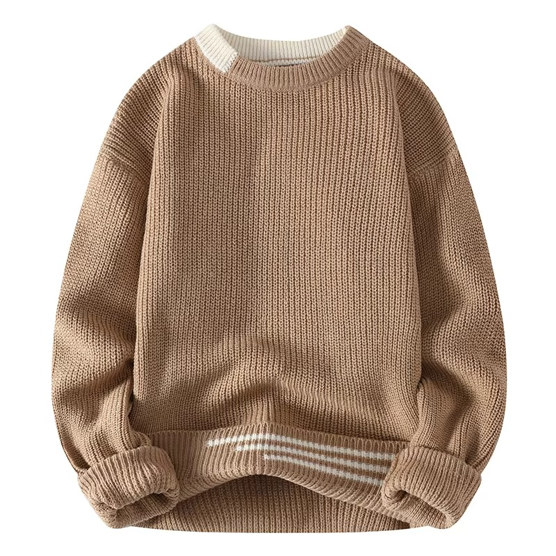 Men's Autumn Winter Patchwork Knit Sweater Slim Fit O-Neck Pullover Warm Cozy Knitwear For Everyday Style