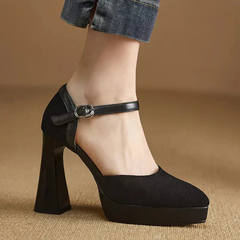 Women's Block Heel Pumps with Ankle Strap and Platform Design