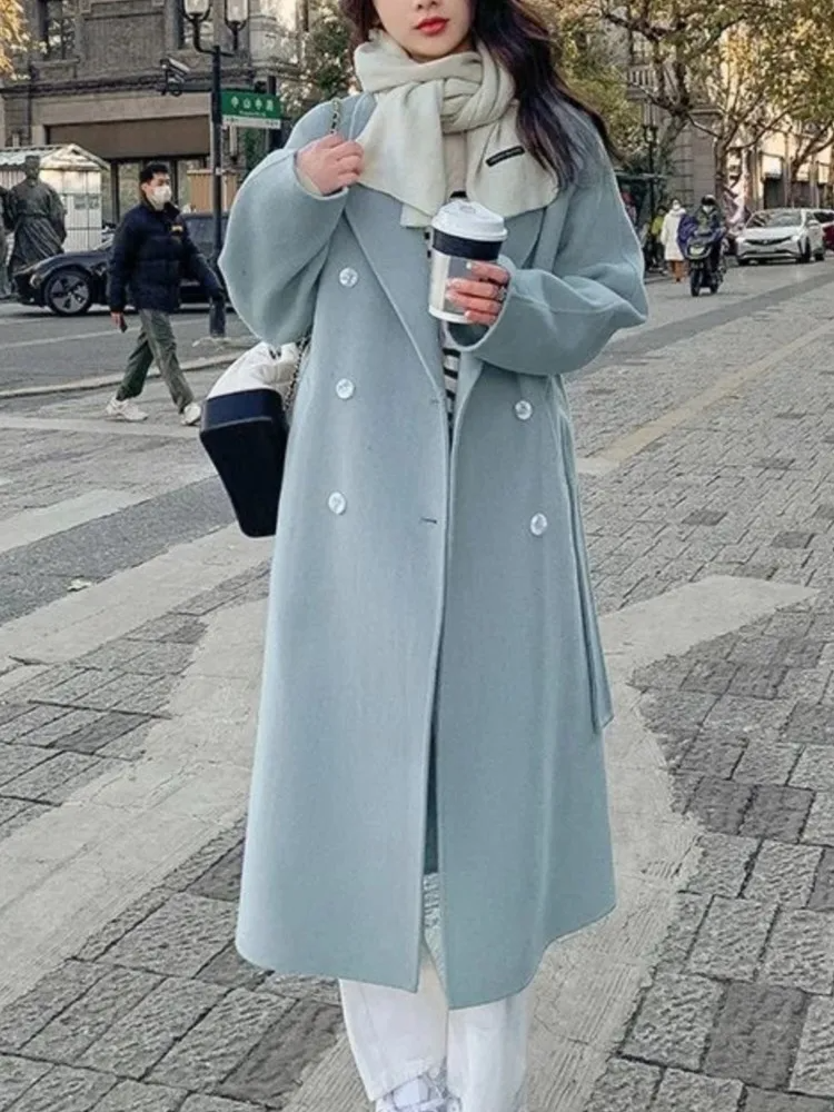 Street Wave Wool Blend Long Coat For Women Loose Fit Double Breasted With Belt Timeless City Style