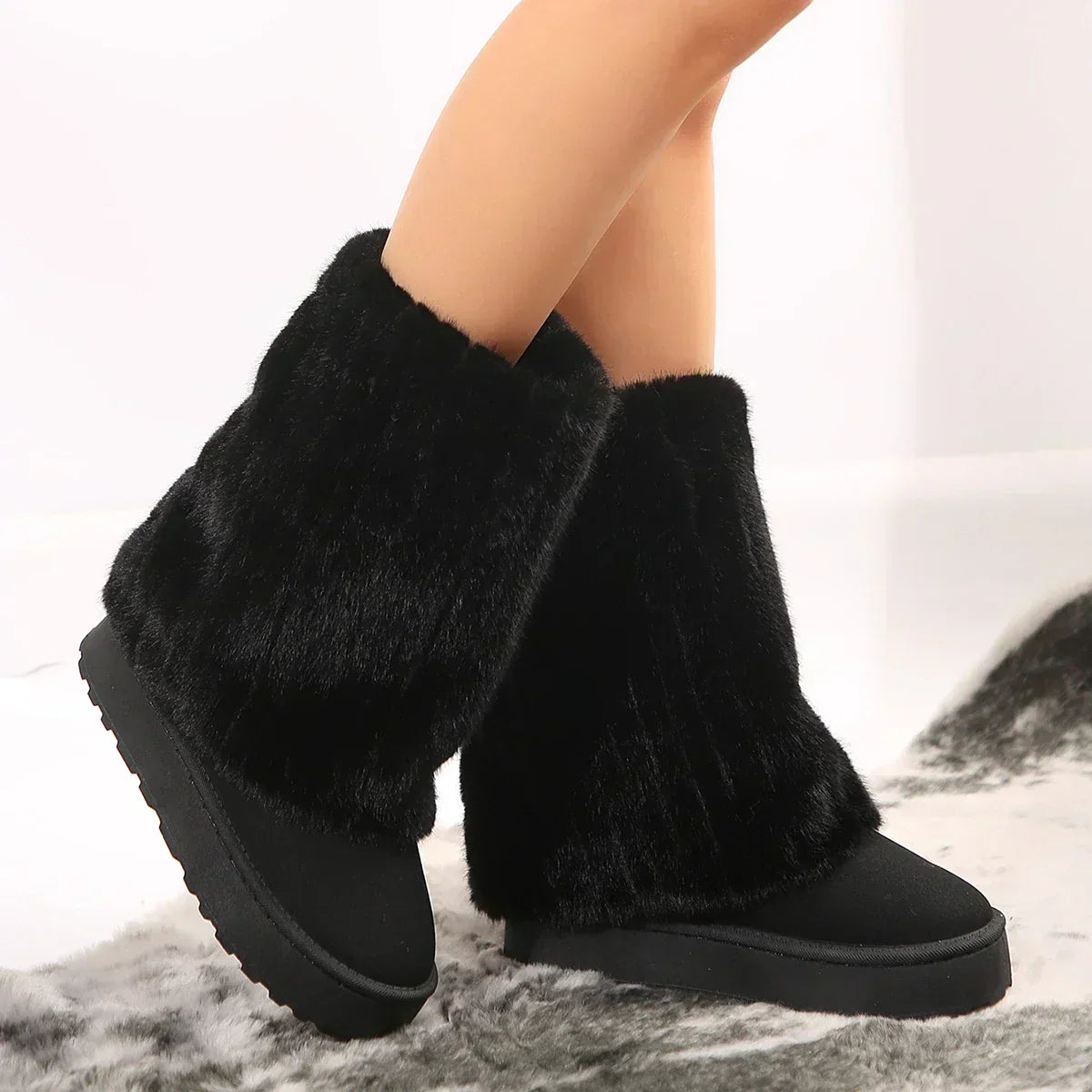 Women's Winter Fur Boots with Insulated Lining and Waterproof Design