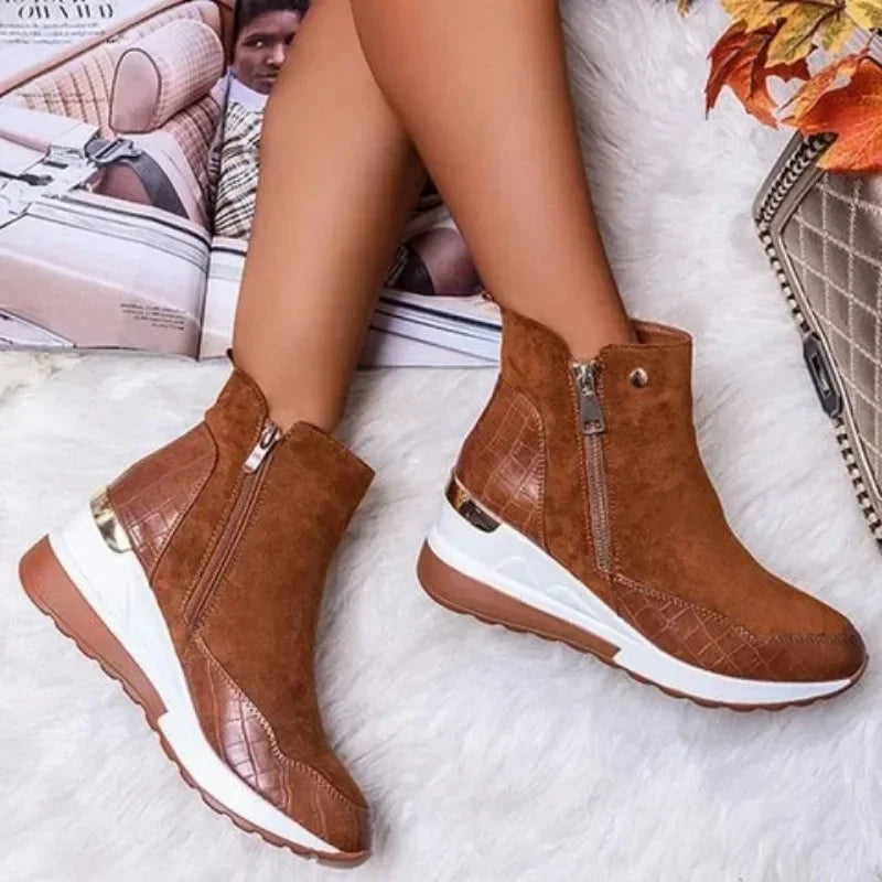 Street-Wave Wedge Snow Boots For Women, Warm Plush Lined, Zip Closure Winter Boots