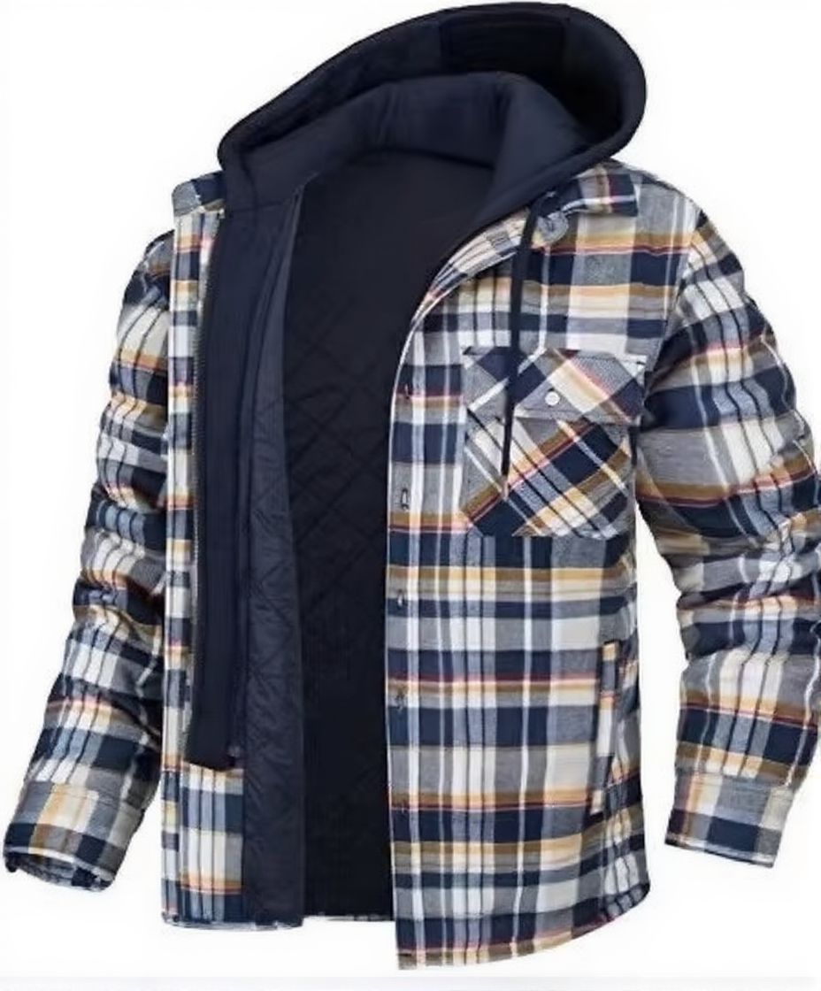 Mens Winter Thick Hooded Plaid Jacket Warm Insulated Casual Trendy Outerwear Street-Wave