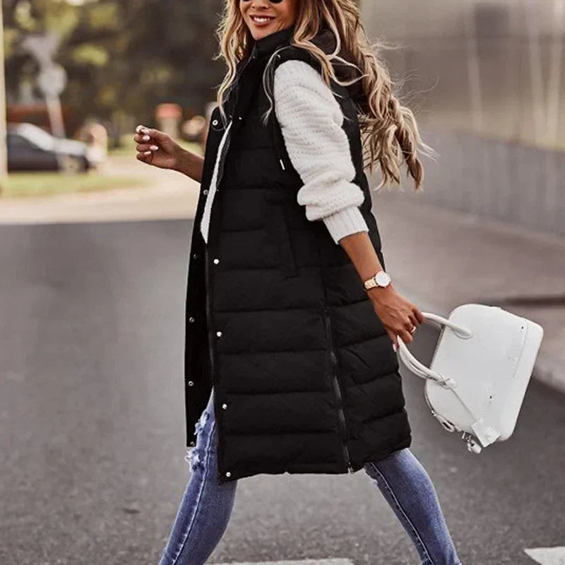 Streetwave Puffer Vest With Hood For Women Cozy Warm Longline Polyester Coat Trendy