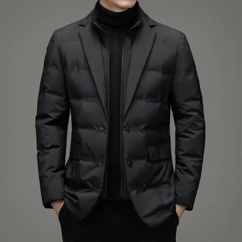 Mens 2025 Winter Warm Stand Collar Blazer Jacket With Two Piece Look For Men Business Coat
