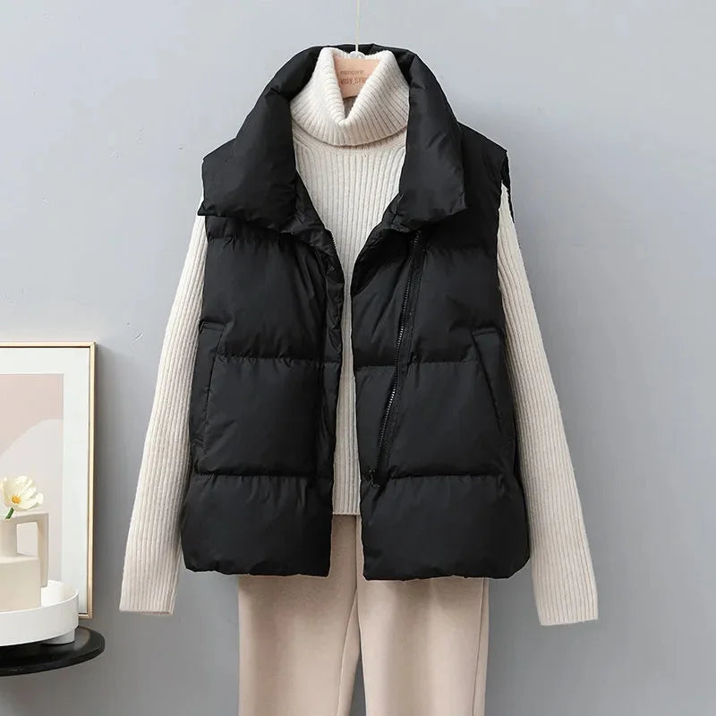 Street-wave Short Puffer Vest With High Collar Minimalist Polyester For Women Cozy Comfort