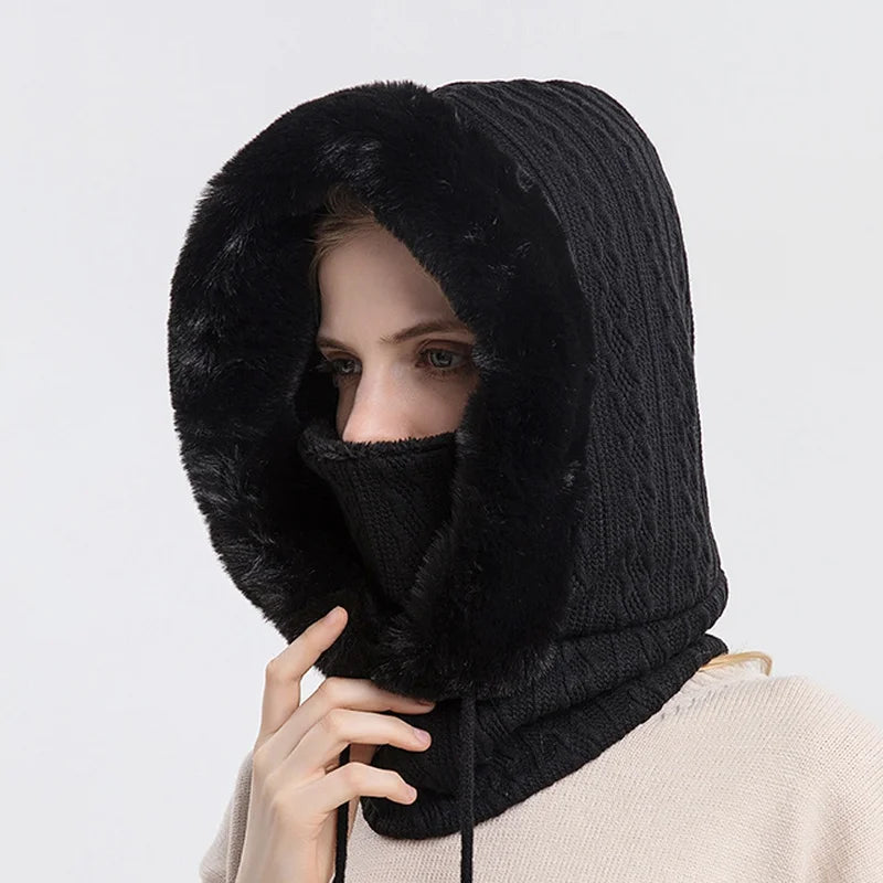 Aurora Cable Knit Balaclava | Fur Trim Drawstring Balaclava