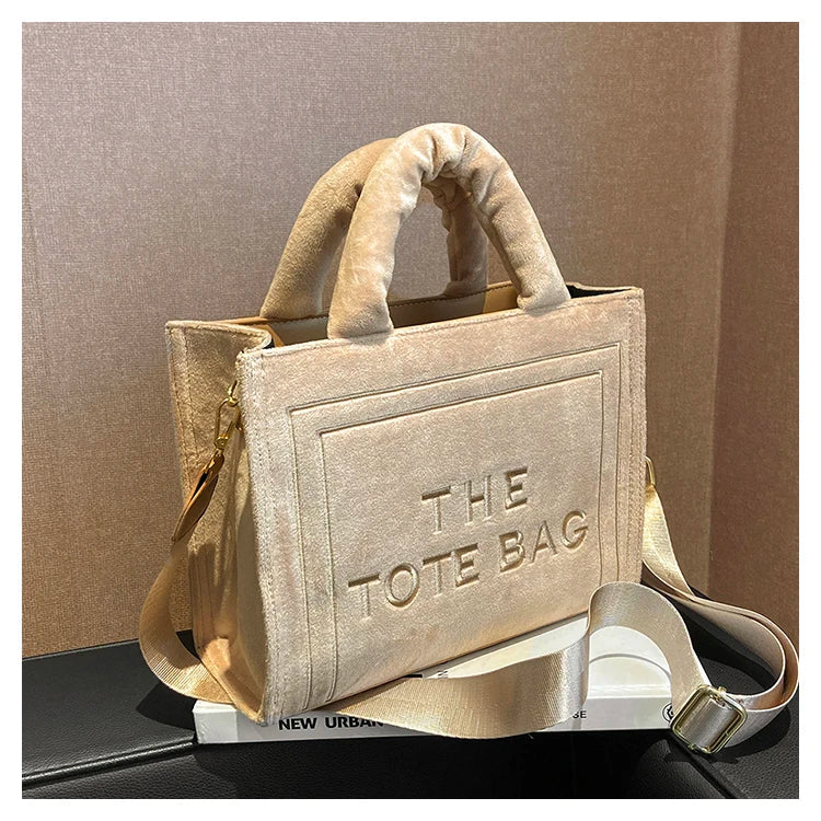 Street-Wave Statement Tote Bag - Soft Velour With Original Letter Print, Spacious Interior, Square Tote, Optional Strap