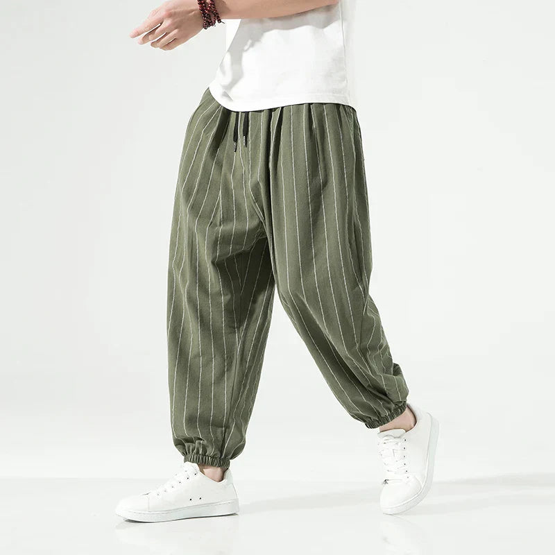 Street-Wave Premium Cotton Striped Trousers For Men With Pinstripe Detailing And Elastic Waistband