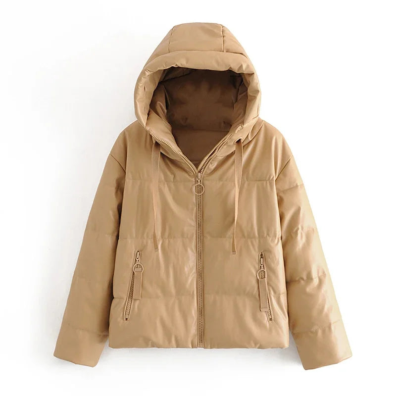 Street Wave Faux Leather Parka Jacket For Women Warm Padded Coat With Zippered Pockets