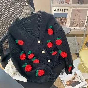 Street-Wave Moonlight Serenade Cardigan For Women With Floral Appliqué And Cozy Fur Trim