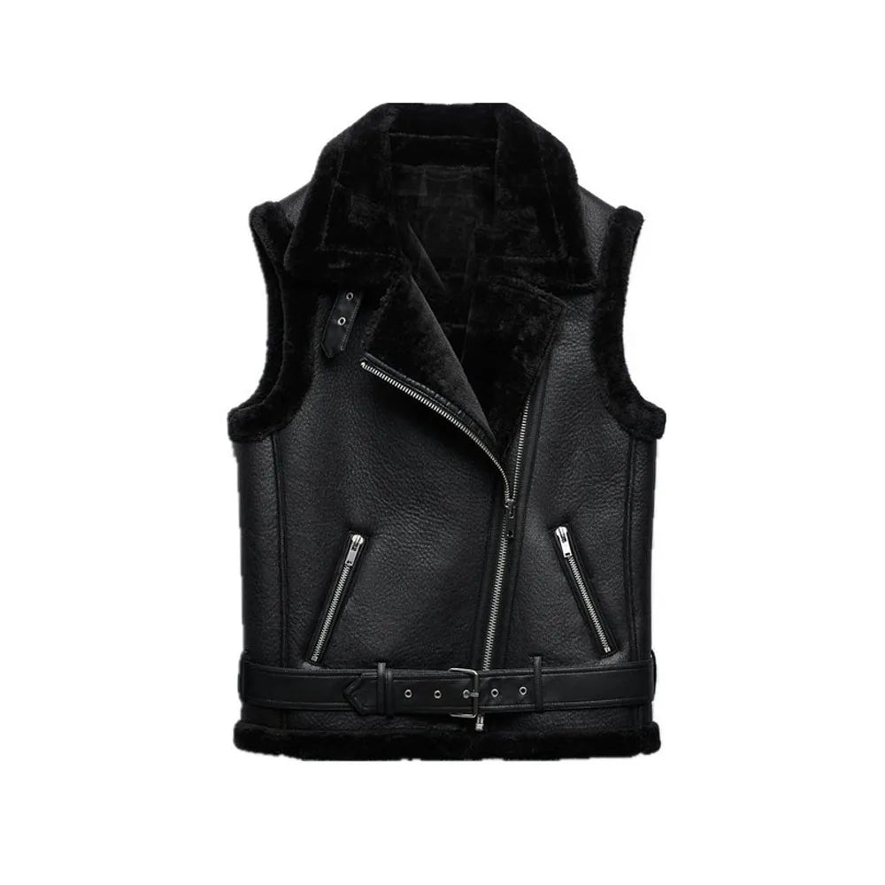 Street-Wave Women's Warm Shearling Leather Vest With Zip Front And Belted Waist Fit