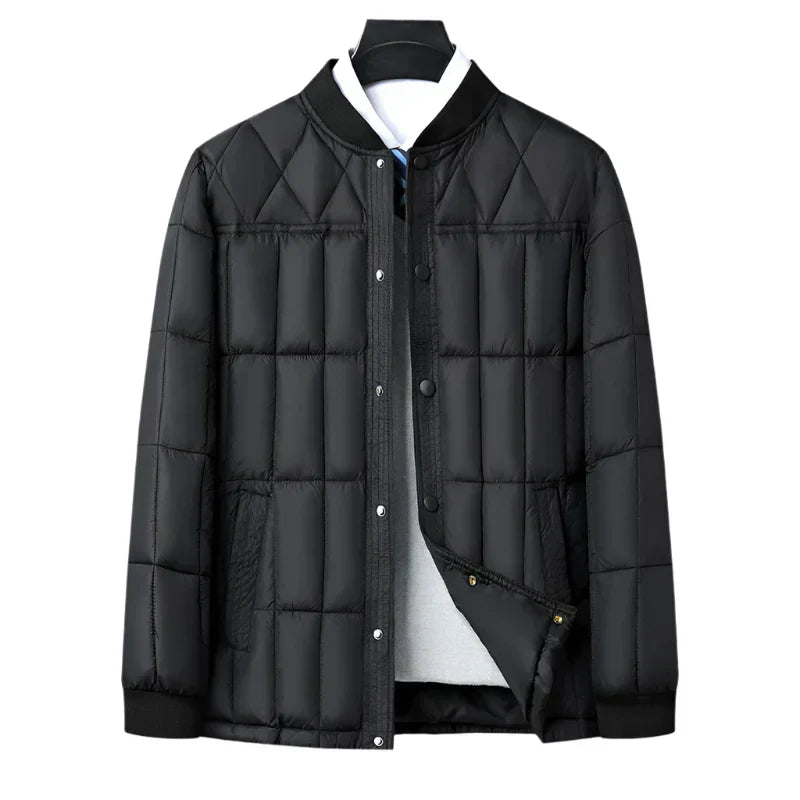 Street-Wave Men Beige Puffer Jacket With Geometric Stitching For Warmth And Lightweight Style