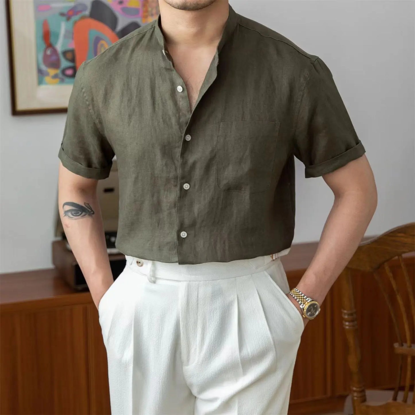 Street-Wave Mens Linen Shirt Mandarin Collar Relaxed Fit Long Sleeve