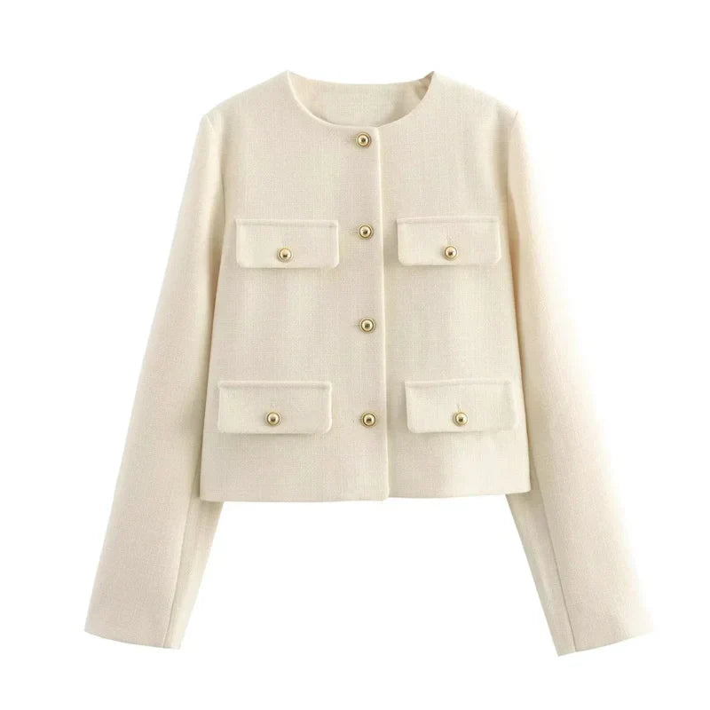 Street-Wave Bouclé Jacket for Women With Gold Buttons and Pockets Timeless Elegant Classic Style