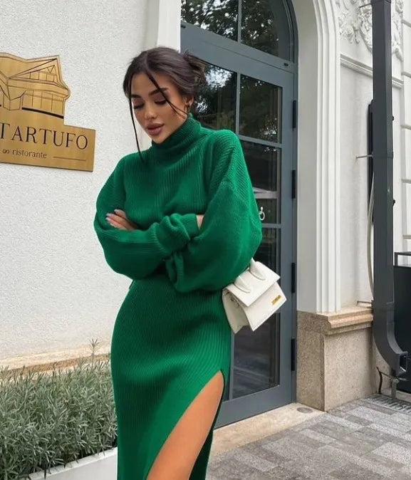 Street-wave Luxury Knit Sweater Set With Turtleneck And Slit Skirt For Chic Women