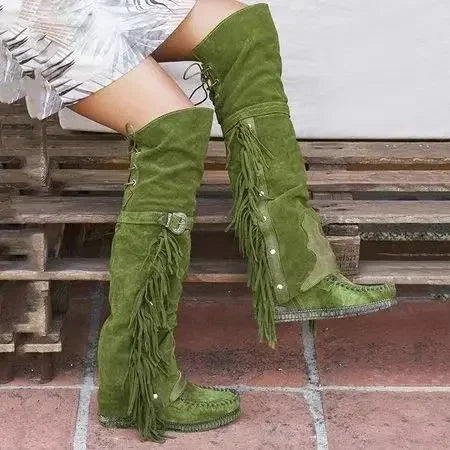 Street-wave Knee High Boots With Fringe And Adjustable Shaft Details For Fashionable Women