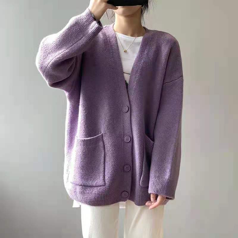 Street-wave Black Cardigan For Women Oversized Cozy Knit With Button Front Streetwear Essential