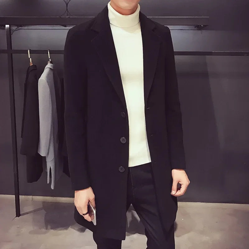 Street-wave Mens Long Wool-Blend Coat With Button Closure, Timeless And Elegant Everyday