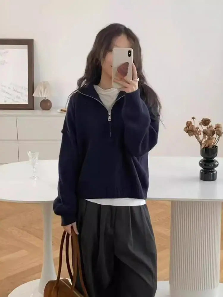 Street-Wave Aurora High Neck Knit Sweater Unisex Half Zip