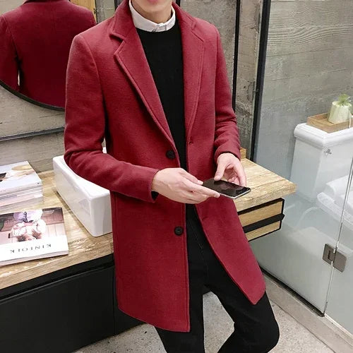 Street-wave Mens Long Wool-Blend Coat With Button Closure, Timeless And Elegant Everyday