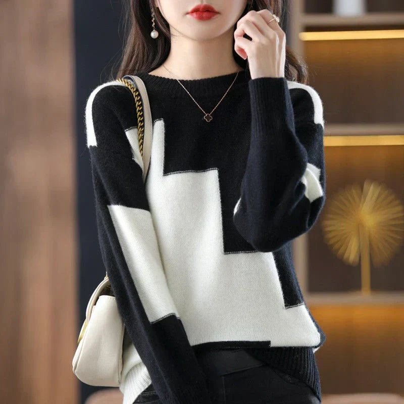Street Wave Vivian Colorblock Pullover For Women Cozy Warm Knit With Modern Contrast Splice