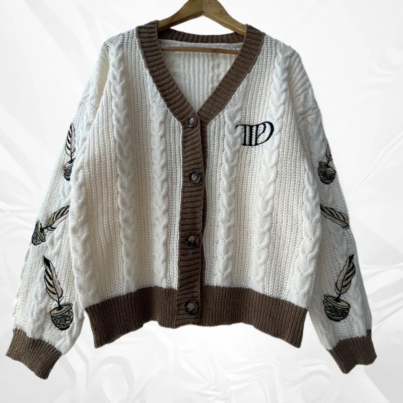 Street Wave Cable Knit Cardigan For Women Warm Cozy Classic Style With Dark Green Trim