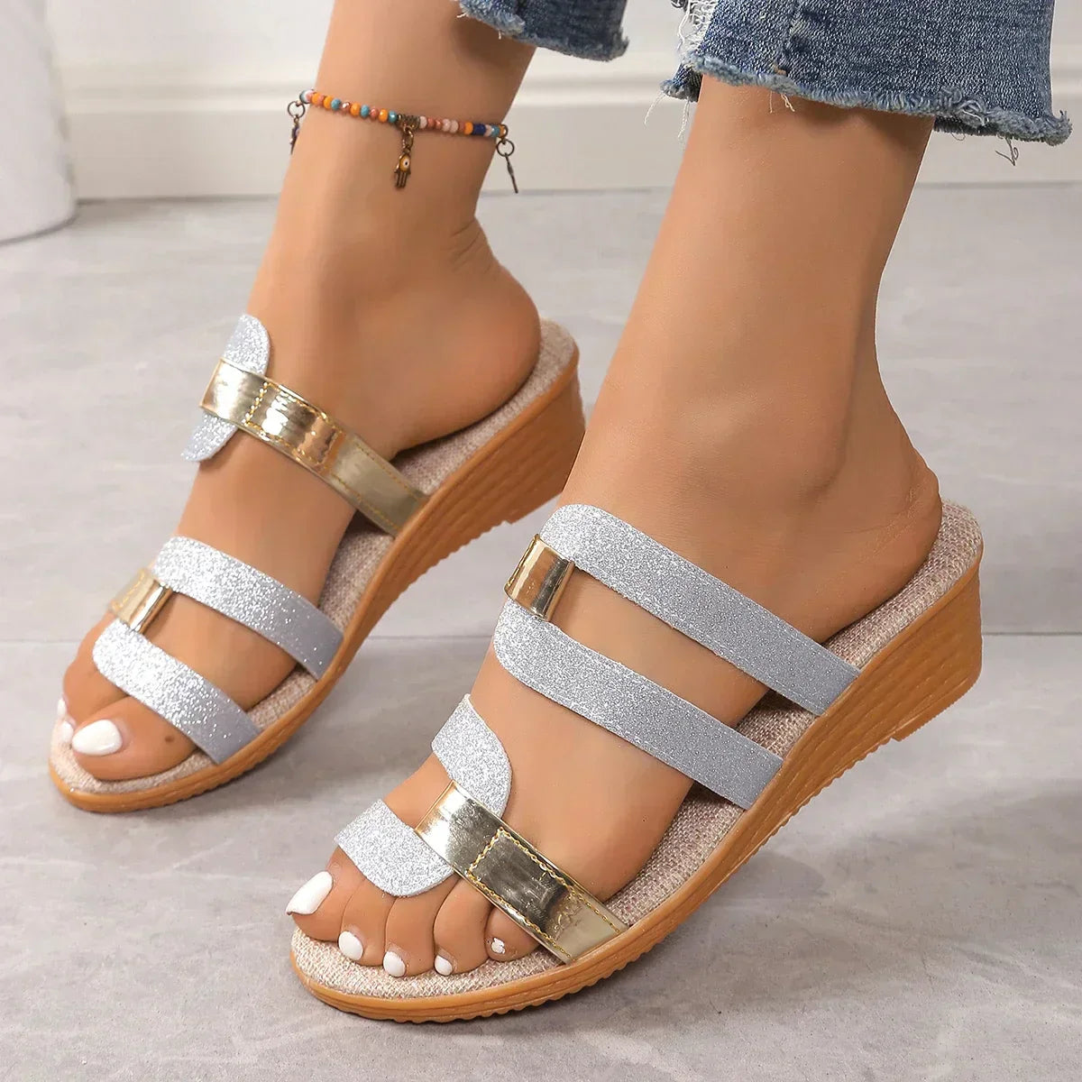 Women's Woven Slip-On Sandals with Buckle Detail and Easy Fit