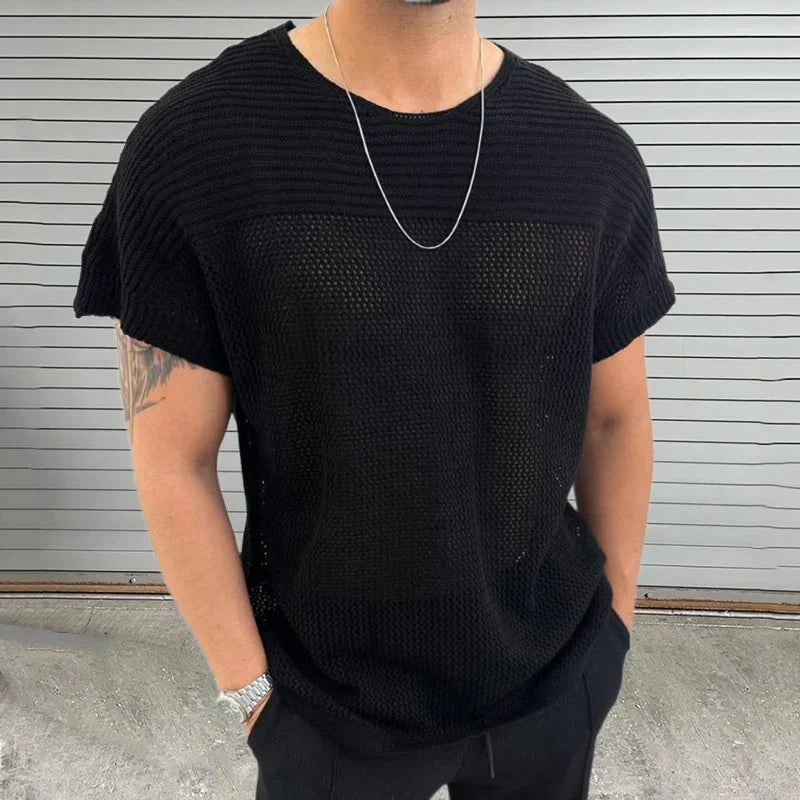 Street-Wave Mesh Vibe O Neck Knit Tee For Men Breathable Lightweight Streetwear Summer Shirt