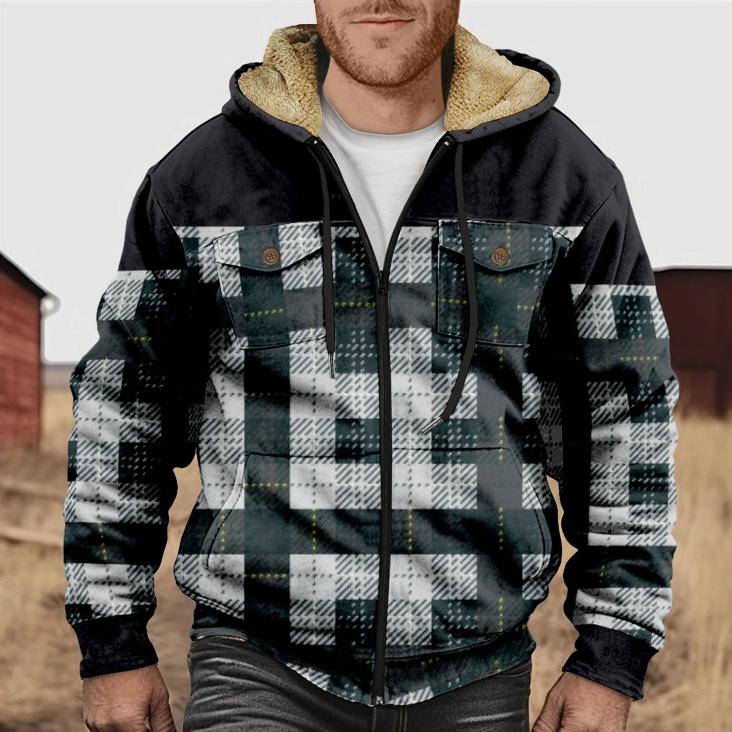 Street-Wave Fleece-Lined Plaid Flannel Hoodie Jacket For Men With Zip Closure Cozy Warm Winter Coat