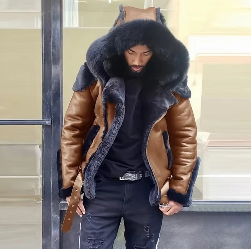 Street-Wave Mens Winter Leather Jacket With Fur Collar And Wool Lining Heavyweight Warm Outerwear For Cold Weather