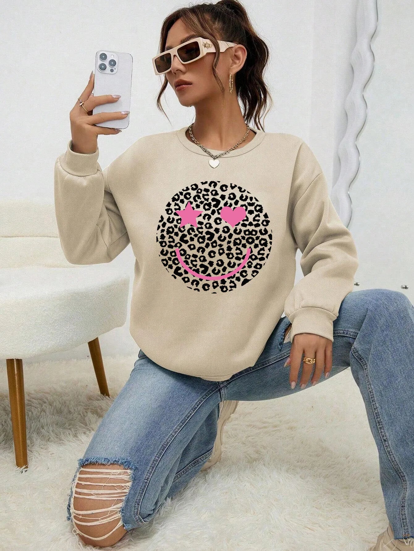 Street-wave Leopard Print Sweatshirt For Women Cotton Blend Comfortable Trendy Everyday Wear