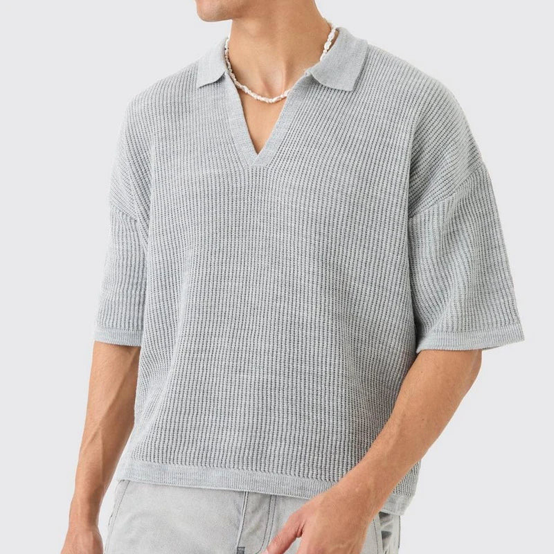 Street-Wave Calloway Waffle Weave Polo Shirt for Men in Organic Cotton with Deep V Neck and Relaxed Fit